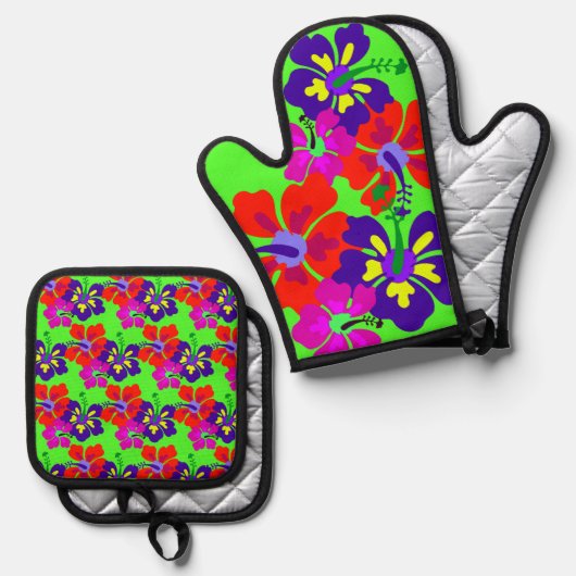 Ensemble De Gant De Cuisine Et De Manique Fleurs HIbiscus (Recto/Verso)