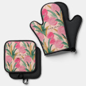 Ensemble De Gant De Cuisine Et De Manique Fleurs roses (Recto/Verso)