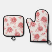 Ensemble De Gant De Cuisine Et De Manique Fleurs Rouges Chic (Recto)