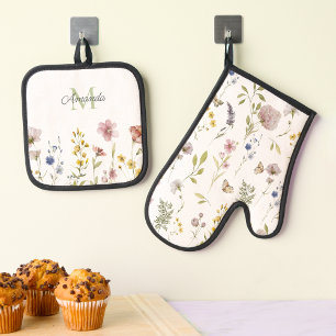 Ensemble De Gant De Cuisine Et De Manique Fleurs sauvages à l'aquarelle Bohème élégante avec