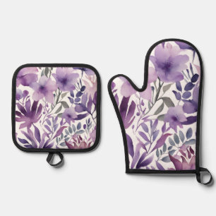 Ensemble De Gant De Cuisine Et De Manique Fleurs sauvages d'aquarelle violet