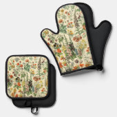 Ensemble De Gant De Cuisine Et De Manique Fleurs vintages Antique Botanique Floral (Recto/Verso)