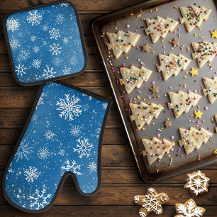 Ensemble De Gant De Cuisine Et De Manique Flocons de Neige Bleus Classique Hiver Blanc