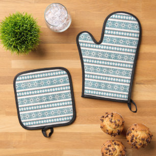 Ensemble De Gant De Cuisine Et De Manique Flocons de neige d'hiver et arbre de pin bleu blan