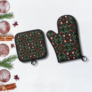 Ensemble De Gant De Cuisine Et De Manique Flocons de neige, Poinsettias, Cardinaux d'hiver
