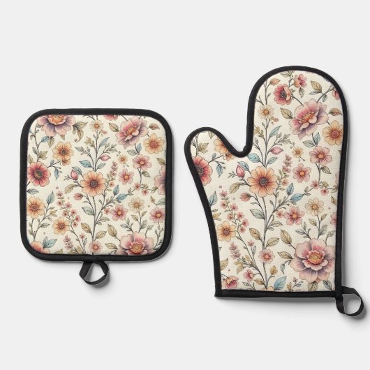 Ensemble De Gant De Cuisine Et De Manique Floral (Recto)