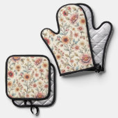 Ensemble De Gant De Cuisine Et De Manique Floral (Recto/Verso)
