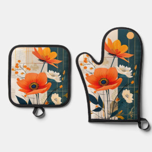 Ensemble De Gant De Cuisine Et De Manique Floral Abstrait moderne en orange et noir