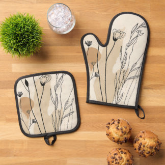 Ensemble De Gant De Cuisine Et De Manique Floral Neutre