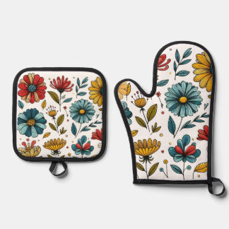Ensemble De Gant De Cuisine Et De Manique Floral Oven Mitt And Pot Holder Set Retro Folk Art