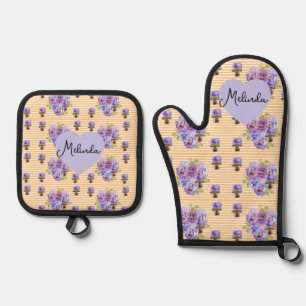 Ensemble De Gant De Cuisine Et De Manique Floral Violette Viola Jaune Pensée Nom de Noël