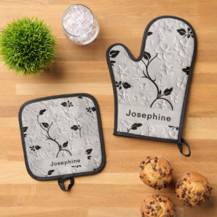 Ensemble De Gant De Cuisine Et De Manique Florales Abstraites personnalisées en noir et blan