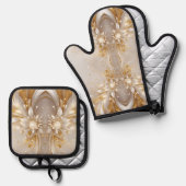 Ensemble De Gant De Cuisine Et De Manique Flore d'or blanc (Recto/Verso)