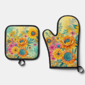 Ensemble De Gant De Cuisine Et De Manique Flore rétro (Recto)