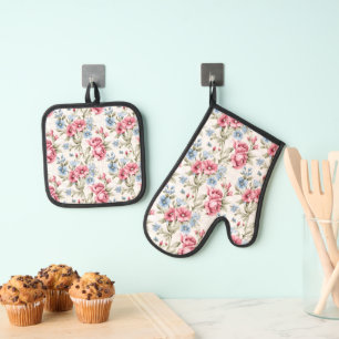 Ensemble De Gant De Cuisine Et De Manique Flore rose et bleu ciel et Pois