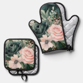Ensemble De Gant De Cuisine Et De Manique Flores rose pâle Emerald Green (Recto/Verso)