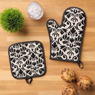Ensemble De Gant De Cuisine Et De Manique Flourissant Damask Art I Black on Cream