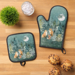 Ensemble De Gant De Cuisine Et De Manique Forêt de la famille renard pleine lune enneigée No