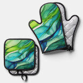 Ensemble De Gant De Cuisine Et De Manique Formes en vert et bleu (Recto/Verso)