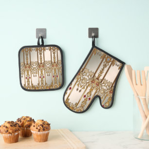 Ensemble De Gant De Cuisine Et De Manique Four Floral Orné Or Mitt & Pot Pot Set