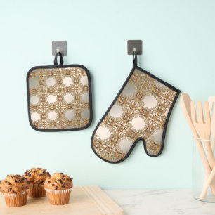 Ensemble De Gant De Cuisine Et De Manique Four Floral Orné Or Mitt & Pot Pot Set