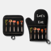 Ensemble De Gant De Cuisine Et De Manique Fourchettes Noir (Recto)