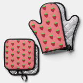 Ensemble De Gant De Cuisine Et De Manique Fraise (Recto/Verso)