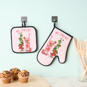 Ensemble De Gant De Cuisine Et De Manique Fraise fraîche Boire Four Mitt & Pot Pot Pot Set