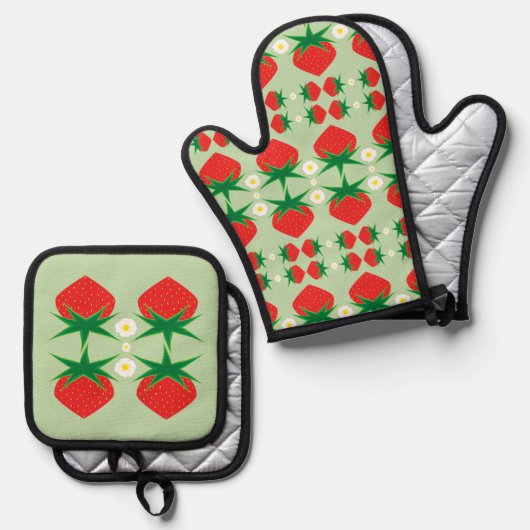 Ensemble De Gant De Cuisine Et De Manique Fraises (Recto/Verso)