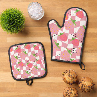 Ensemble De Gant De Cuisine Et De Manique Fraises Cool Pink Cuisine Motif à Carreaux
