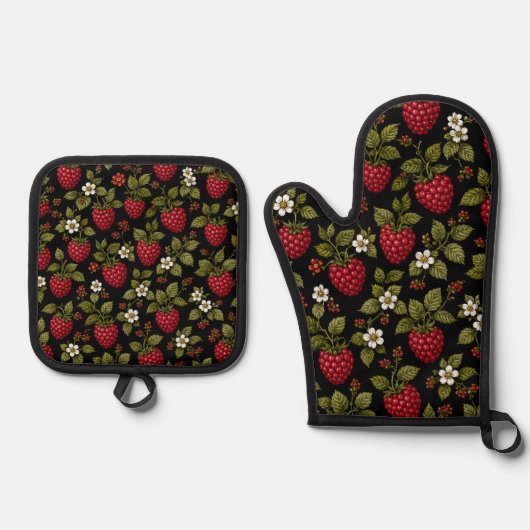 Ensemble De Gant De Cuisine Et De Manique Framboises (Recto)