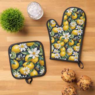 Ensemble De Gant De Cuisine Et De Manique Fresh Yellow Lemons With Busy Bees & White Blooms