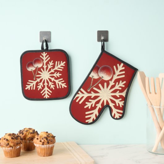 Ensemble De Gant De Cuisine Et De Manique Frozen Cherry Snowflake – Winter Magic Design (In situ (suspendu))