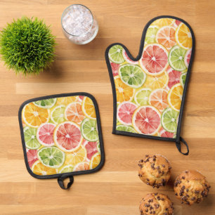 Ensemble De Gant De Cuisine Et De Manique Fruits Citriques Lime Citron Orange Pamplemousse