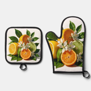 Ensemble De Gant De Cuisine Et De Manique Fruits de Citrus Vibrants Fleurs Réalistes