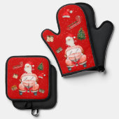Ensemble De Gant De Cuisine Et De Manique Funny Happy Santa Christmas cartoon (Recto/Verso)