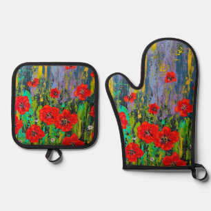 Ensemble De Gant De Cuisine Et De Manique Gant de four Porte-pots aux Coquelicots