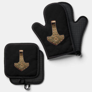 Ensemble De Gant De Cuisine Et De Manique Gants de cuisine en forme de marteau de Thor doré