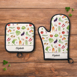 Ensemble De Gant De Cuisine Et De Manique Gants de cuisine personnalisés avec nom et légumes
