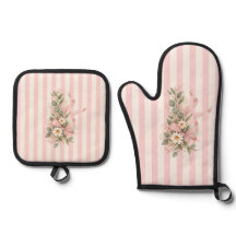Gants de four et dessous de plat à fleurs roses