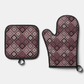 Ensemble De Gant De Cuisine Et De Manique Geometry ethnic patchwork brown burgundy  (Recto)