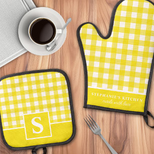 Ensemble De Gant De Cuisine Et De Manique Gingham Jaune Carreaux Vichy Monogrammé