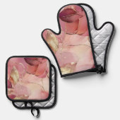 Ensemble De Gant De Cuisine Et De Manique Gold Feuilles Bourgogne Blush Pink (Recto/Verso)
