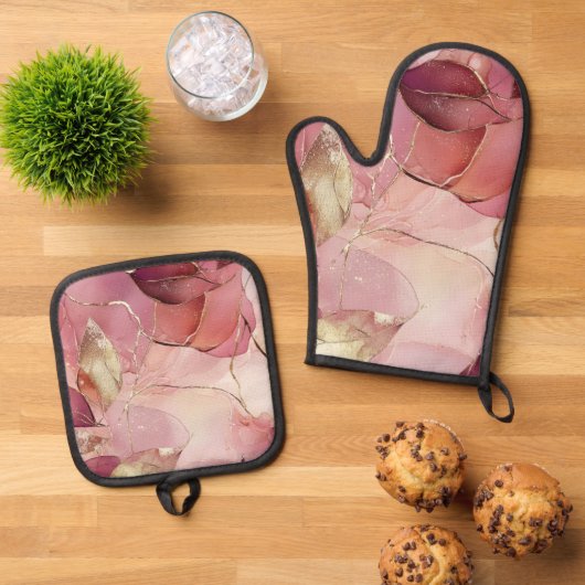 Ensemble De Gant De Cuisine Et De Manique Gold Feuilles Bourgogne Blush Pink (De haut en bas)