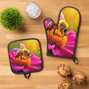 Ensemble De Gant De Cuisine Et De Manique Golden Bee Flower Magic Design