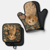 Ensemble De Gant De Cuisine Et De Manique Goldendoodle chien et chiot jardin fleuri (Recto/Verso)