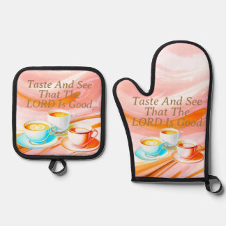 Ensemble De Gant De Cuisine Et De Manique Goûtez Et Voyez Que Le Seigneur Est Bon, Rose
