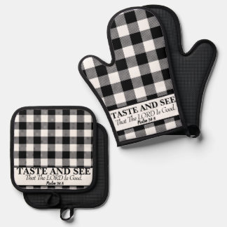 Ensemble De Gant De Cuisine Et De Manique Goûtez Et Voyez Que L'Éternel est bon, noir & blan