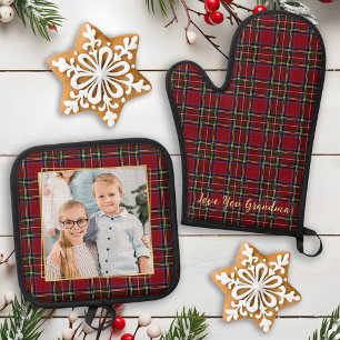 Ensemble De Gant De Cuisine Et De Manique Grand-mère Photo personnalisée Gold Noël Plaid