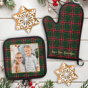 Ensemble De Gant De Cuisine Et De Manique Grand-père Noël Plaid Personnalisé Gold Famille Ph